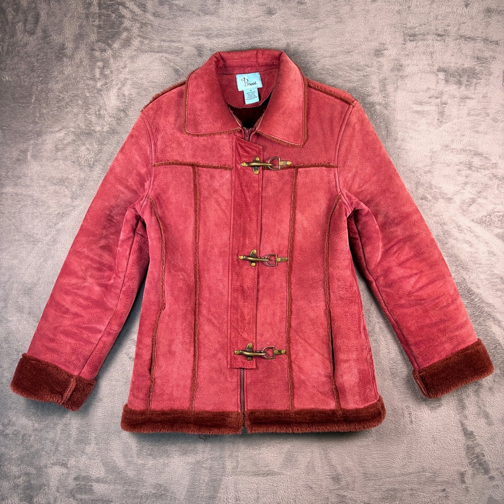 Vintage B. Lucid Suede Pig Leather Jacket Women's M Red Faux Fur Toggle Zip Coat